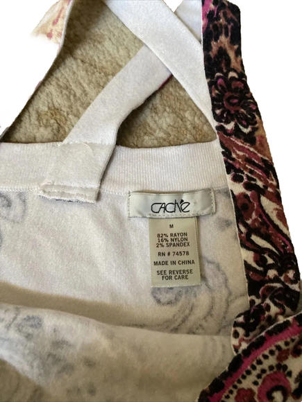 Cache Knit Top With Crossed Straps. Pink Black White Paisley Print Size M - Picture 2 of 2